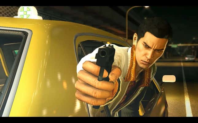 A screenshot of Yakuza 0 showing Kiryu wielding a gun outside of a car window pointed at the camera.