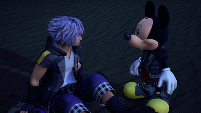 Riku and Mickey looking at each other on a beach in Kingdom Hearts 3.