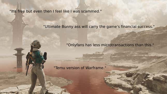 A screenshot of The First Descendant with some of excerpts of Steam reviews around them.