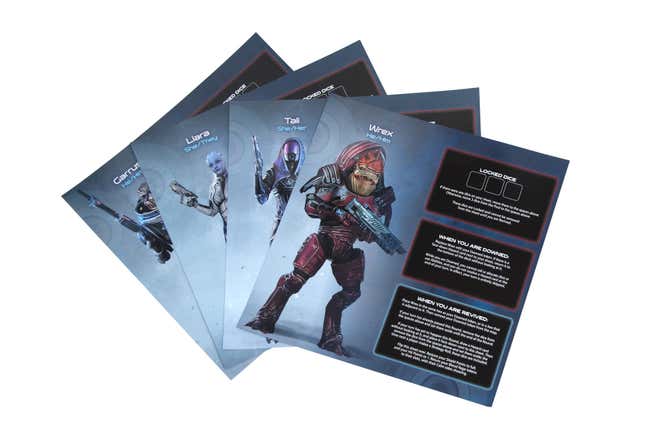 Character sheets in the Mass Effect Board Game.