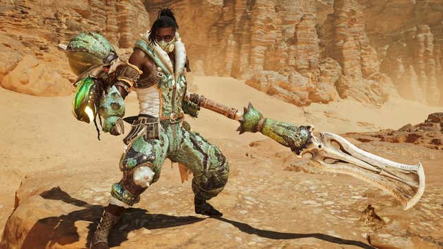 A screenshot of Monster Hunter Wilds showing a hunter with the insect glaive weapon.