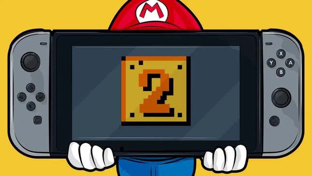 Mario holds a Switch with a question block