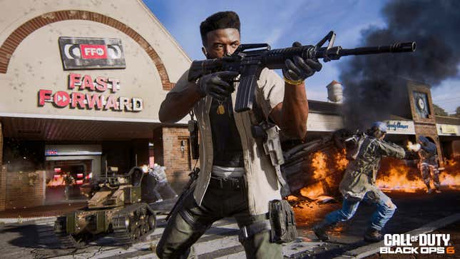 A Black Ops 6 operator fires a weapon in a strip mall. 