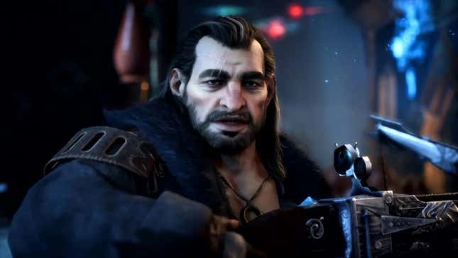 Varric holding Bianca.