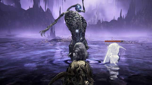 The skeletal Putrescent Knight rides their horse in a pool of murky liquid as they attack the player.