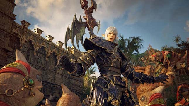 Estinien gets surrounded by small Mamool Ja in a tropical setting