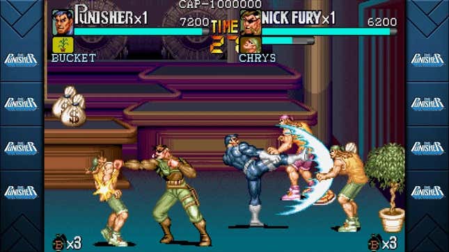 A screenshot of The Punisher showing the titular character and Nick Fury fighting off enemies in a pool hall.