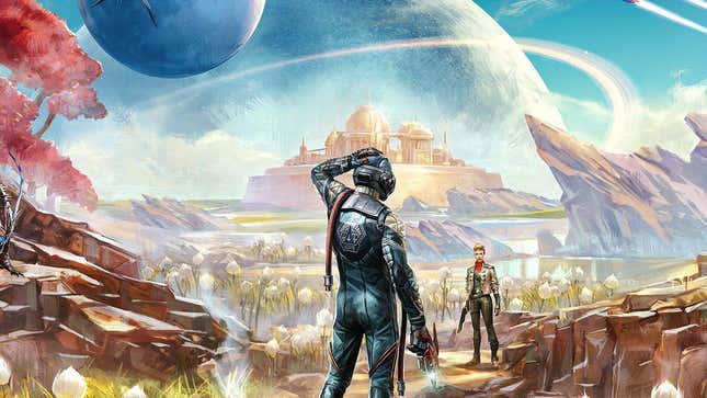 An explore in a space suit looks out over a planet with rocky outcroppings, a castle in the distance, and more planets in the sky