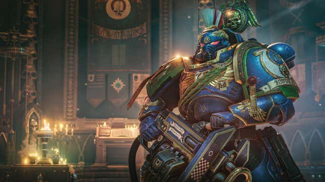 An image shows a big Space Marine as seen in the upcoming sequel. 