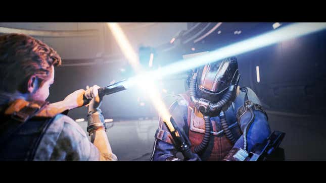 A screenshot of Cal Kestis wielding his lightsaber against an opponent who also has one.