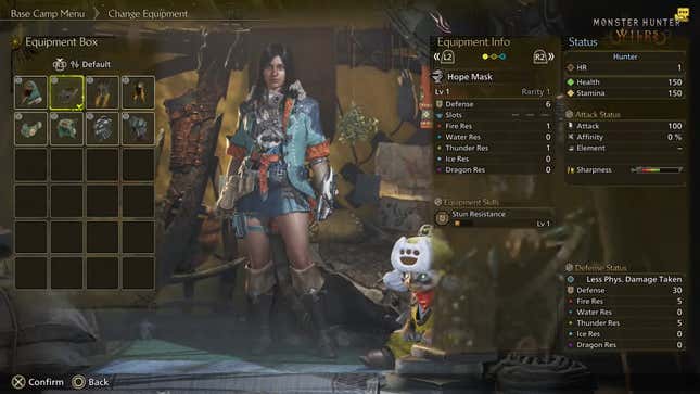 A screenshot of Monster Hunter Wilds showing the armor and equipment screen.