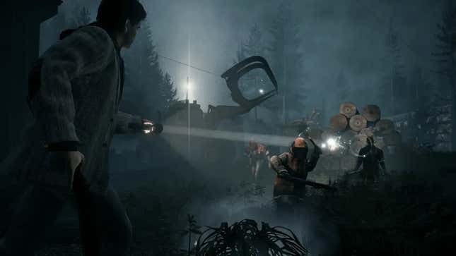 A screenshot of Alan Wake Remastered showing Alan using a flashlight against lumberjacks corrupted by darkness.