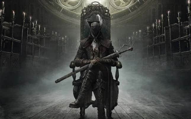 The key art for Bloodborne: The Old Hunters, showing the player character sitting cross-legged on a chair with a weapon.