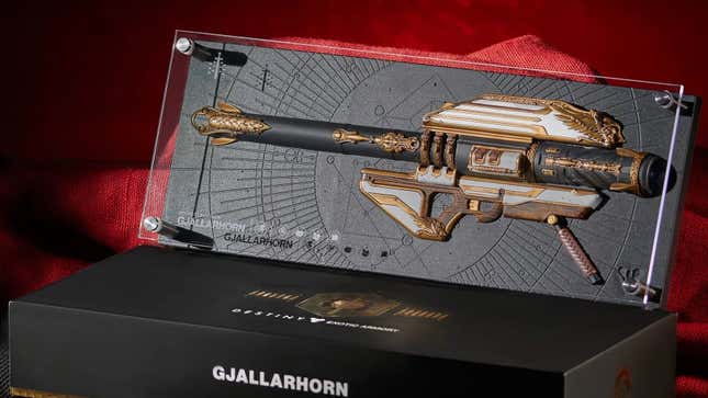 A picture of the replica Gjallarhorn from Destiny in its display case.