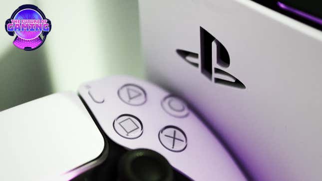 A DualSense controller sits next to a PS5.