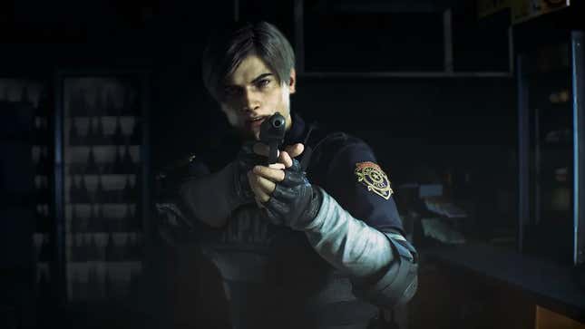 A screenshot of Leon Kennedy aiming his gun at an unseen target in Resident Evil 2.