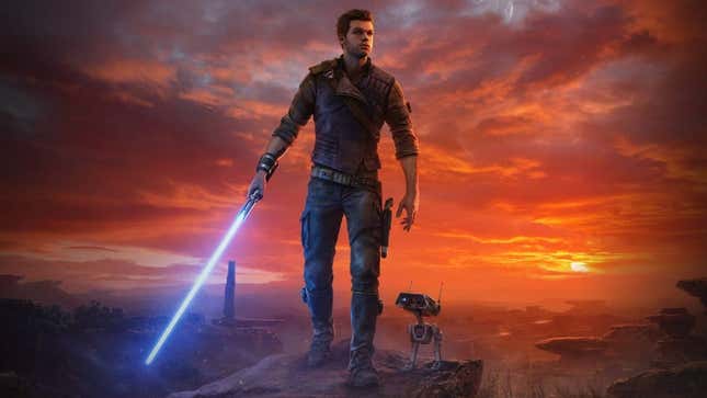 Cal stands in front of a sunset with his lightsaber in hand.