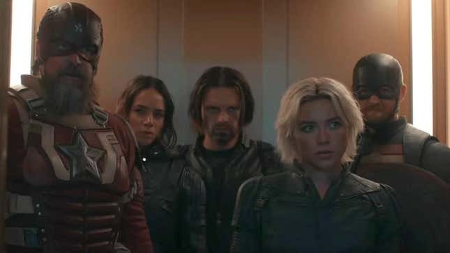 The Thunderbolts team stands next to each other in a elevator