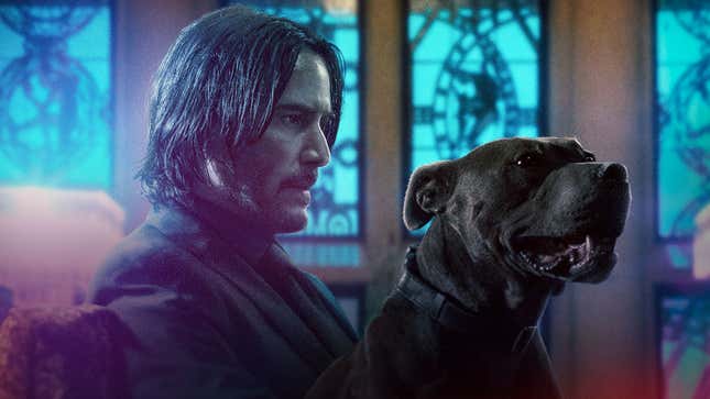 John Wick and a dog stare wistfully, thinking about their terrible crimes.