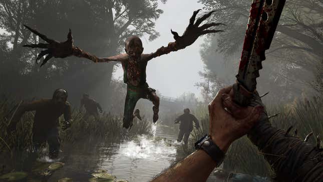 A nimble-looking zombie with massive claw-like hands leaps toward the player character.