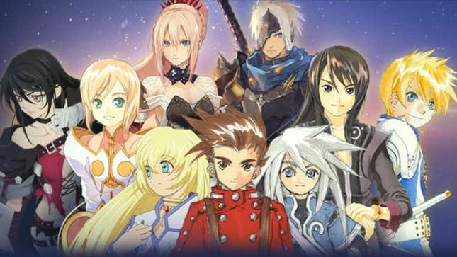 Protagonists from the Tales of games stand in a group shot