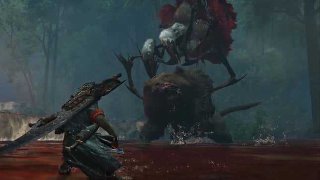 A screenshot of two monsters fighting in Monster Hunter Wilds while the hunter looks on.