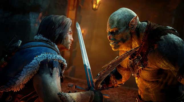 A screenshot of Middle-earth: Shadow of Mordor showing the player character clashing swords with an Orc.