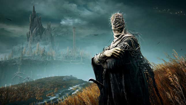 A cloaked figure with a scary, ropey, thorny face stands with their arms folded in front of a dark fantasy landscape.