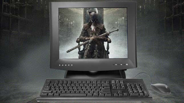 A computer shows Bloodborne on its monitor. 