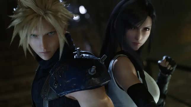 A screenshot of Cloud and Tifa standing back to back in Final Fantasy VII Remake.