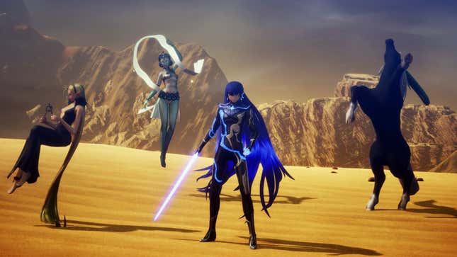 The player character of Shin Megami Tensei V: Vengeance stands next to two demons and a horse.