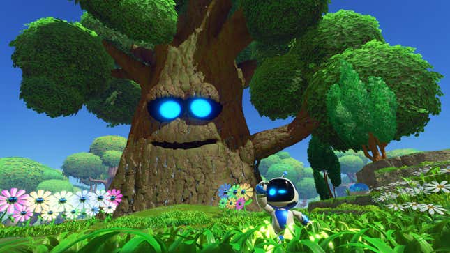 A screenshot of Astro Bot with a friendly-looking tree in the background.