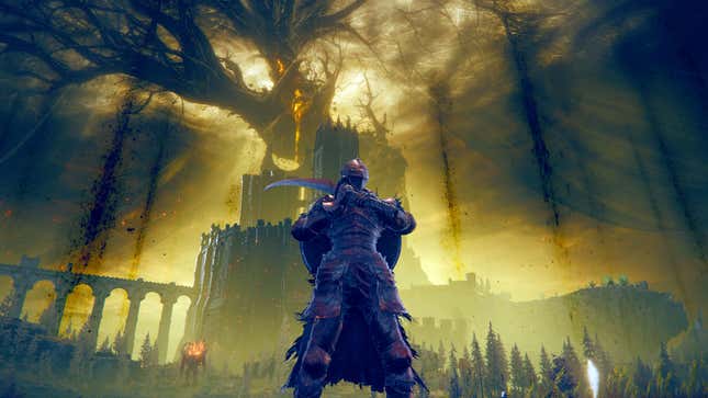 The player character of Elden Ring wears a cool set of armor while standing in front of a large tree.