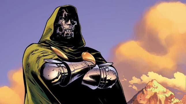 Doctor Doom crosses his arms while standing in front of a blue sky